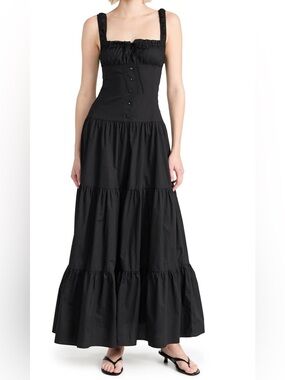 Lioness Black Tiered Linen-Blend Maxi Dress with Square Neck